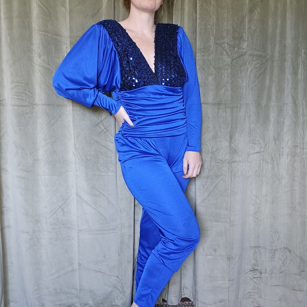 Vintage 1980s JCPenny Glam Alt Momcore Coastal Blue Sequined Pants Jumpsuit